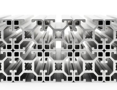T-slot aluminum extrusion profiles stacked on a white background for industrial framing.