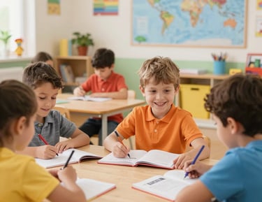 A small group of children practicing conversational Spanish with a teacher.