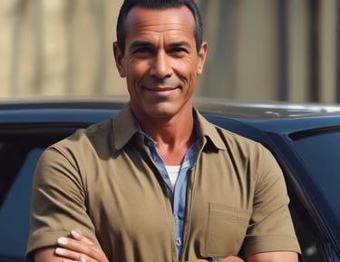 Professional driver smiling, wearing a uniform with the via udi logo, ready to assist.