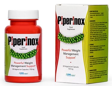 Piperinox weight management supplement bottle and box featuring black pepper extract capsules.