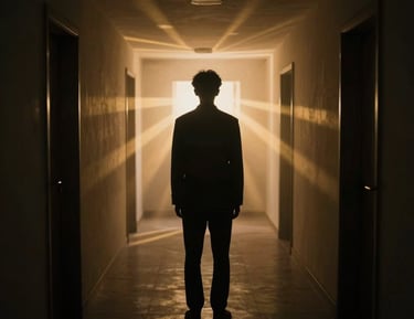 A calm figure standing at a crossroads illuminated by soft ivory light.