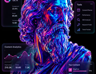 A vibrant holographic Greek statue surrounded by digital marketing analytics and SEO tools.