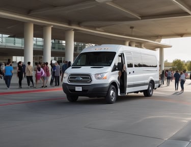 Passengers boarding a spotless c.a.r.e. van outside the Hampton Inn.