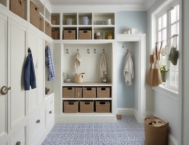 a mud room with a bunch of cubbies and baskets
