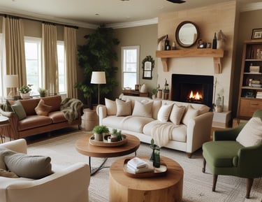 a living room with a fireplace and a fireplace
