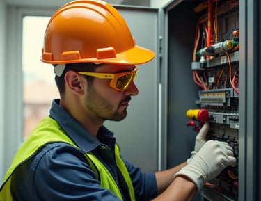 An electrician in a hard hat and safety gear inspecting an industrial electrical control panel.