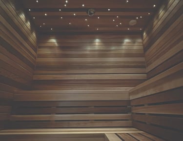 Premium cedar sauna interior with star-style ceiling lights and warm seating built for Ontario climate