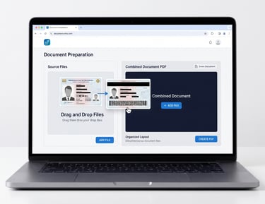 Person organizing multiple ID-style document photos into one PDF on a clean laptop screen.