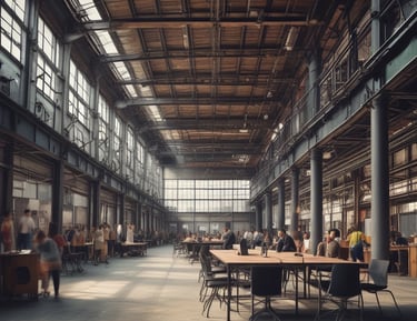 Team members collaborating around a table with project schedules and laptops.