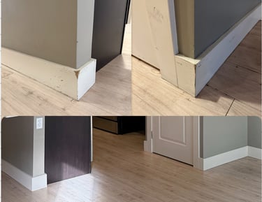 Before-and-after baseboard repair by Cherry Home Service – chipped corners restored to clean finish