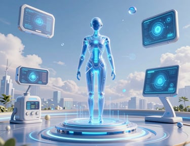 Futuristic technology devices glowing softly against a deep blue background.