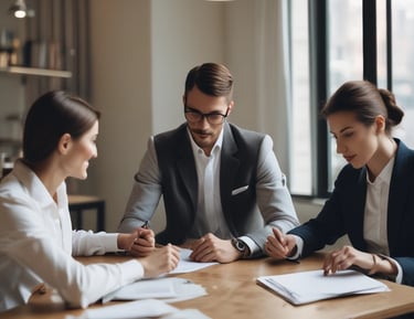 Friendly real estate agent showing a house to clients.