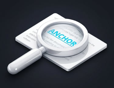 3D magnifying glass focusing on anchor text, representing precise niche edits and contextual link bu