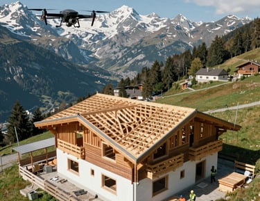 Close-up drone inspection of an industrial rooftop with complex structures under daylight.