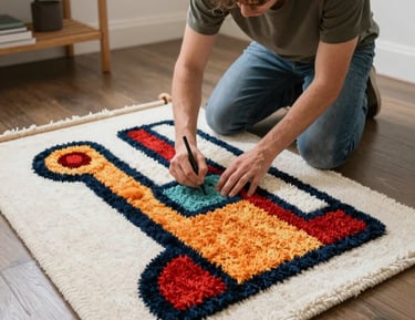 Customer happily unrolling a rava rug in a bright, modern living room.