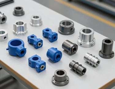 Precision-machined railway components arranged neatly on a steel workbench.