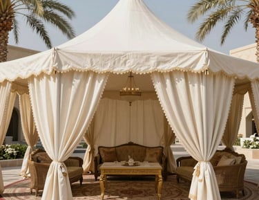 Traditional Saudi wedding tent setup with luxurious fabrics and lighting.