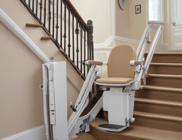 A modern stairlift smoothly moving along a straight staircase.