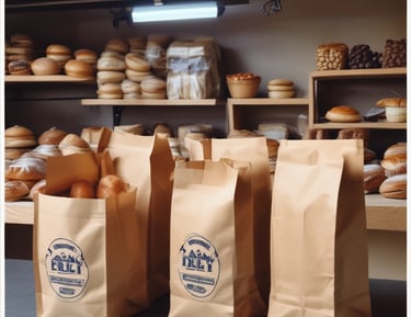 Printed paper bags displayed on a wooden table with natural light.