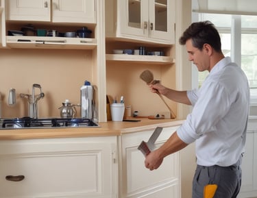 Close-up of a craftsman refinishing elegant kitchen cabinets with a rich gold finish.