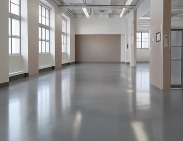 Worker applying protective coating on a vinyl floor in a modern office space.