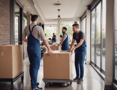 Two movers gently carrying a couch through a front door into a new house.