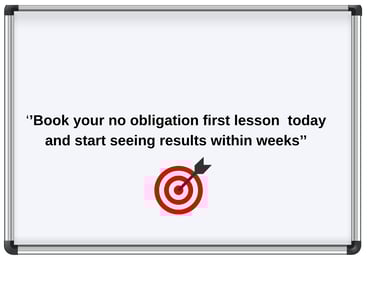 Whiteboard with a bullseye icon offering a no-obligation 1st online Maths lesson quickly 