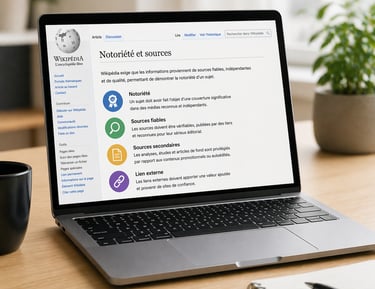 Ordinateur portable sur un bureau affichant une page Wikipédia sur la notoriété et les sources