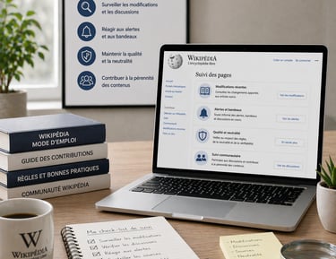 Bureau professionnel avec ordinateur affichant le suivi des pages Wikipédia, surveillance