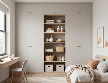 A cozy bedroom with labeled storage bins under the bed for easy access.