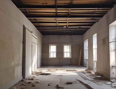 Workers cleaning a newly built house after construction with professional equipment.