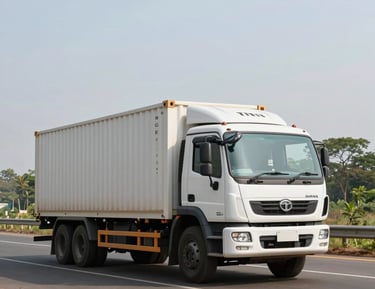 Wide-angle daylight photo of a modern Tata Signa container truck driving on a clean Indian highway in Maharashtra, bright natural light, realistic road carrier.