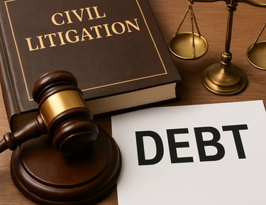 Close-up of hands exchanging documents related to civil and debt matters.