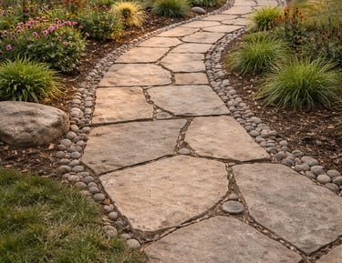 A winding flagstone walkway bordered by river rocks leads to a modern home with lush garden landscaping.