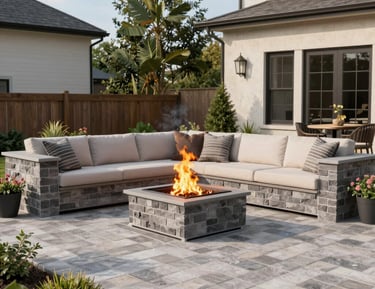 Modern backyard patio with stone fire pit and outdoor sectional sofa on grey stone pavers.