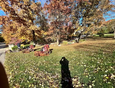 Professional lawn care team using red commercial mowers for fall leaf cleanup on a green lawn.