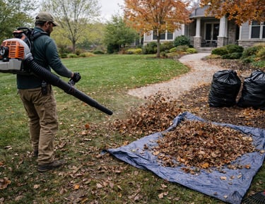 A landscaper uses a professional backpack leaf blower to clear autumn leaves onto a tarp.