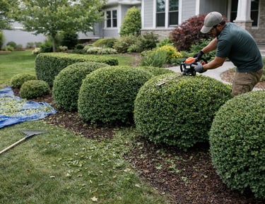 Professional landscaper using a power hedge trimmer to shape round bushes in a residential garden.