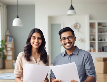 A family standing in front of their new home, smiling and holding keys.