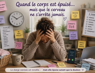 Femme atteinte de douleurs chroniques assise, la tête entre les mains, entourée de listes, rendez-vo