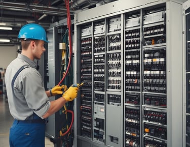 Electricians working on a distribution line with safety gear.