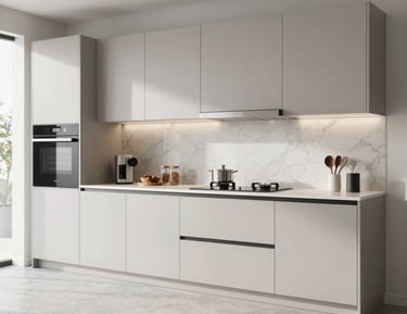 Before-and-after photo of a kitchen with scattered utensils and spices on the left, and a tidy, well-organized Kerala kitchen on the right.