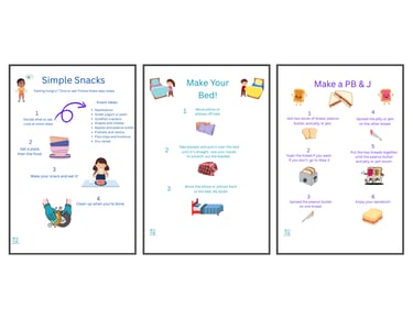 Composite general life skill printables. make bed, snacks and pbj.