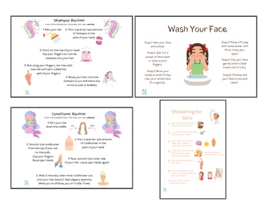 Composite of girl's hygiene printable starter kit: shower, shampoo, toothbrushing, and face washing.