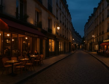 Parisian street at dusk, warm café lights glowing, a sense of quiet adventure in the air