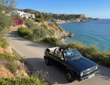 Volkswagen Golf Cabrio azul en carretera costera, coche clásico de alquiler para bodas y eventos en España.