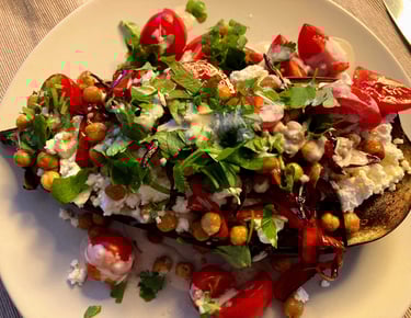eggplant with feta, spicy chickpeas, red pepper and garlic