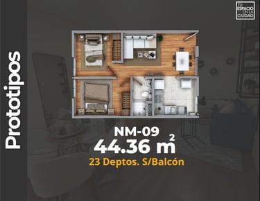 LASU Características Depto.  Plano con 2 recamaras, sala comedor, baño y cocina. 44 m2