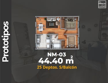 LASU Características Depto.  Plano con 2 recamaras, sala comedor, baño y cocina. 44 m2