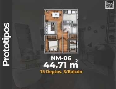 LASU Características Depto.  Plano con 2 recamaras, sala comedor, baño y cocina. 44 m2